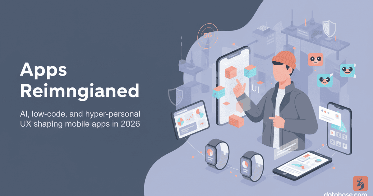 Futuristic illustration of a developer interacting with a holographic smartphone surrounded by floating UI blocks, AI assistant icons, AR overlays, and cross-platform devices, representing the future of mobile app development in 2026.