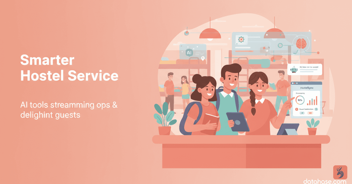 Illustrated hostel reception with a smiling staff member using a tablet showing a HostelSync-style dashboard, guests checking in, and translucent AI/data overlays (chat bubbles, analytics) hovering above indicating automated support and streamlined operat