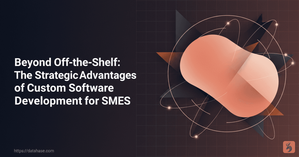 SME team reviewing a touchscreen dashboard that blends custom app UI, code snippets, and cloud connections while generic boxed software fades in the background.