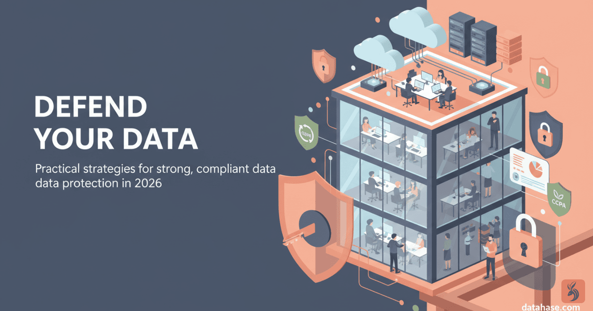 Illustrated business-security scene showing shields, padlocks, cloud servers, employees in training, and compliance icons (GDPR/CCPA), with visual layers depicting encryption and update/patch activity.